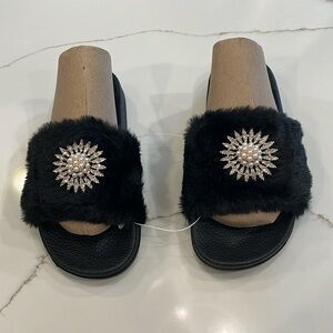 Crystal Adorned Plush Black Slippers. 9-10. Added bonus rubber soles.